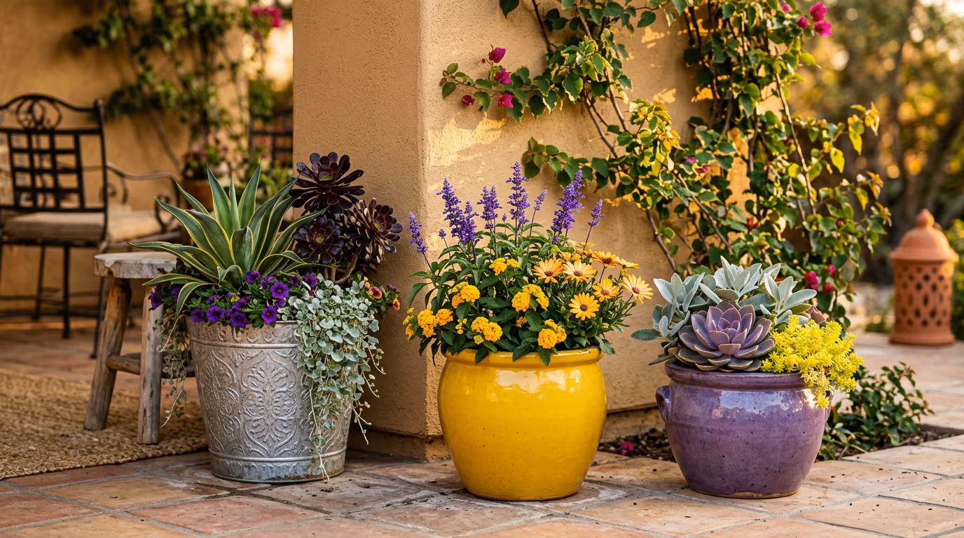 Container plant combination in a Mediterranean color palette of silver, purple, and citrus on a sunny Southern California patio
