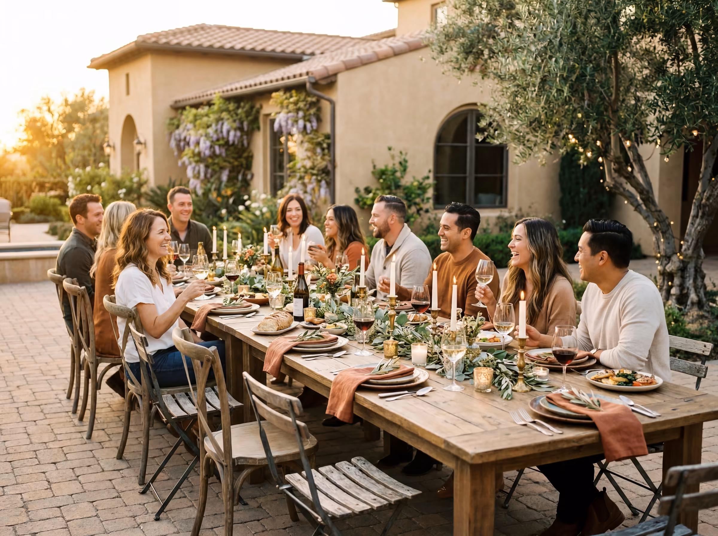 Long backyard dinner party table set for ten on a paver patio with mixed wooden and metal chairs and low greenery centerpieces