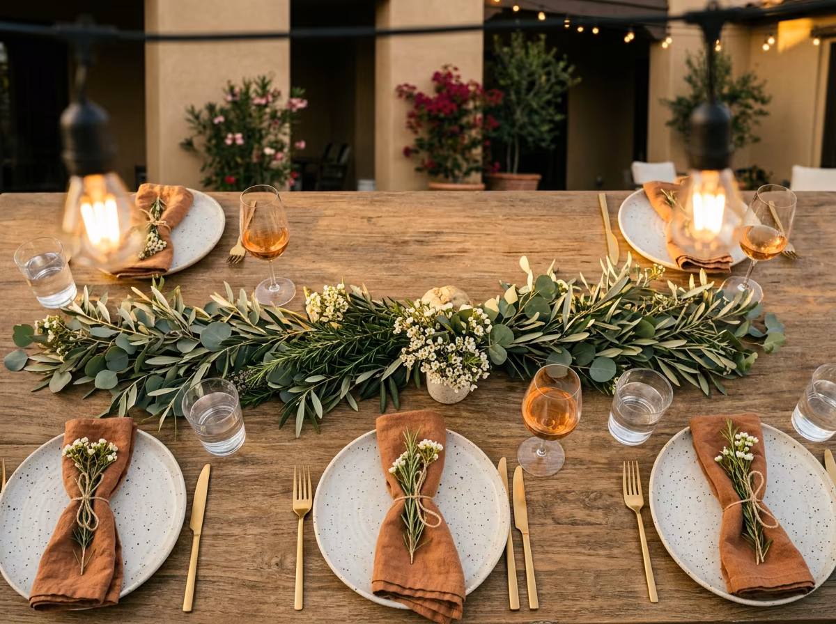 Close-up of a backyard dinner party table setting with cloth napkins, a greenery centerpiece, and warm string lights at golden hour