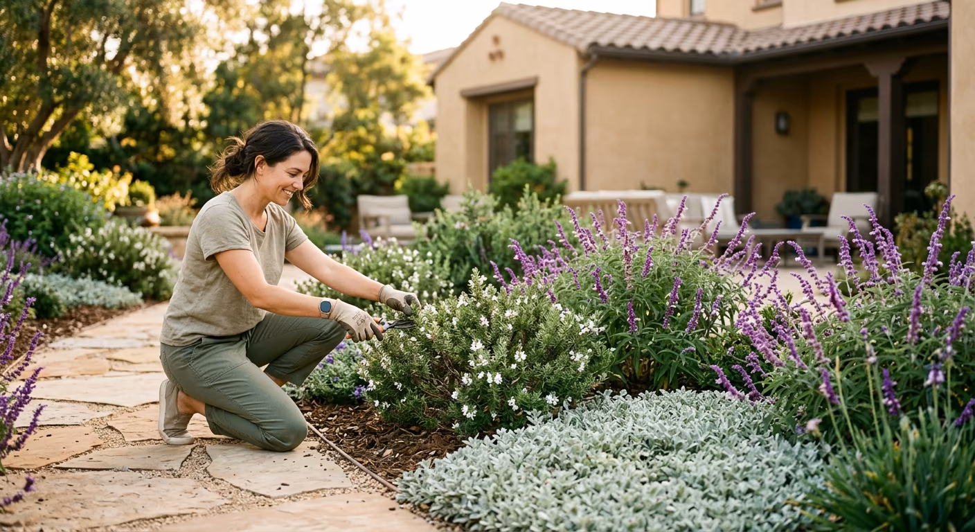 Gardener tending a water-smart bed of salvia, white-flowering shrubs, and silvery groundcover beside a Southern California home