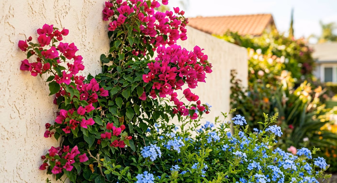 Magenta bougainvillea climbing a stucco wall above blue plumbago in a Southern California yard planted in July