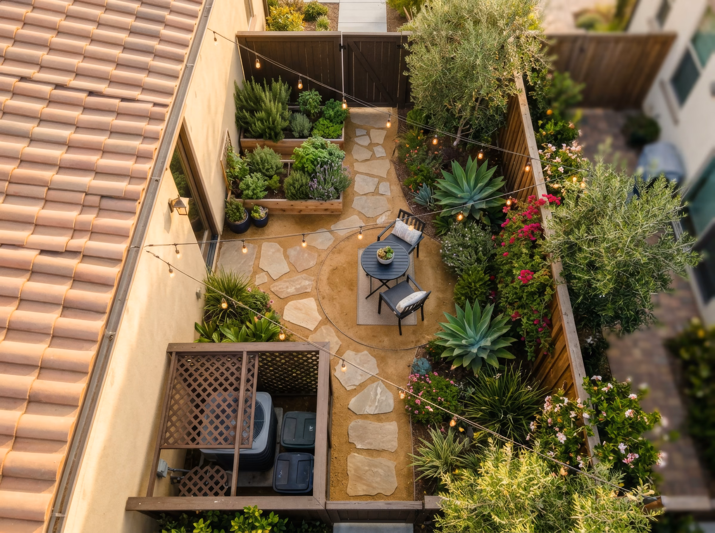 Transformed Southern California side yard used as outdoor living space, with a paver path, fence-mounted planters, and string lighting between two homes