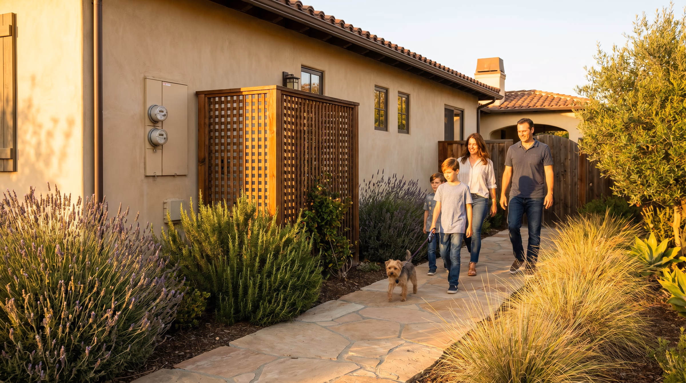 Family with a small dog walking through a finished side yard with stepping stones, low plantings, and a lattice screen concealing utility equipment at a Mediterranean-style home