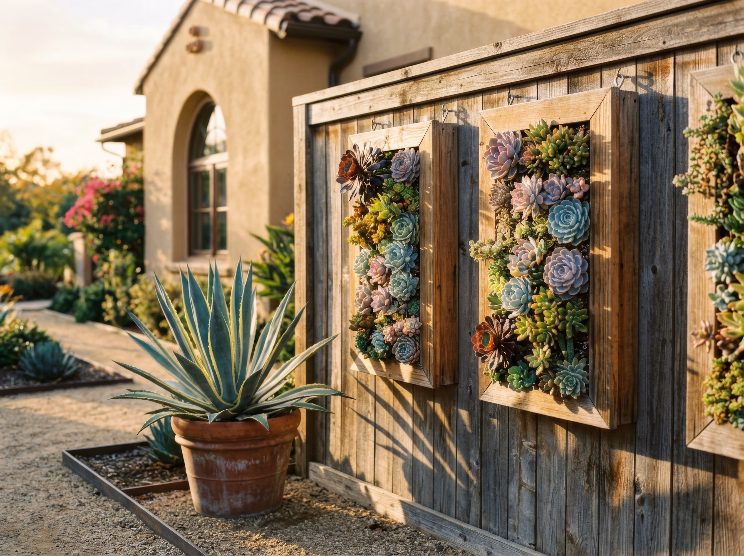 Vertical succulent planters mounted on a wooden fence in a gravel-floored side yard, with a large potted agave as a statement piece in golden hour light