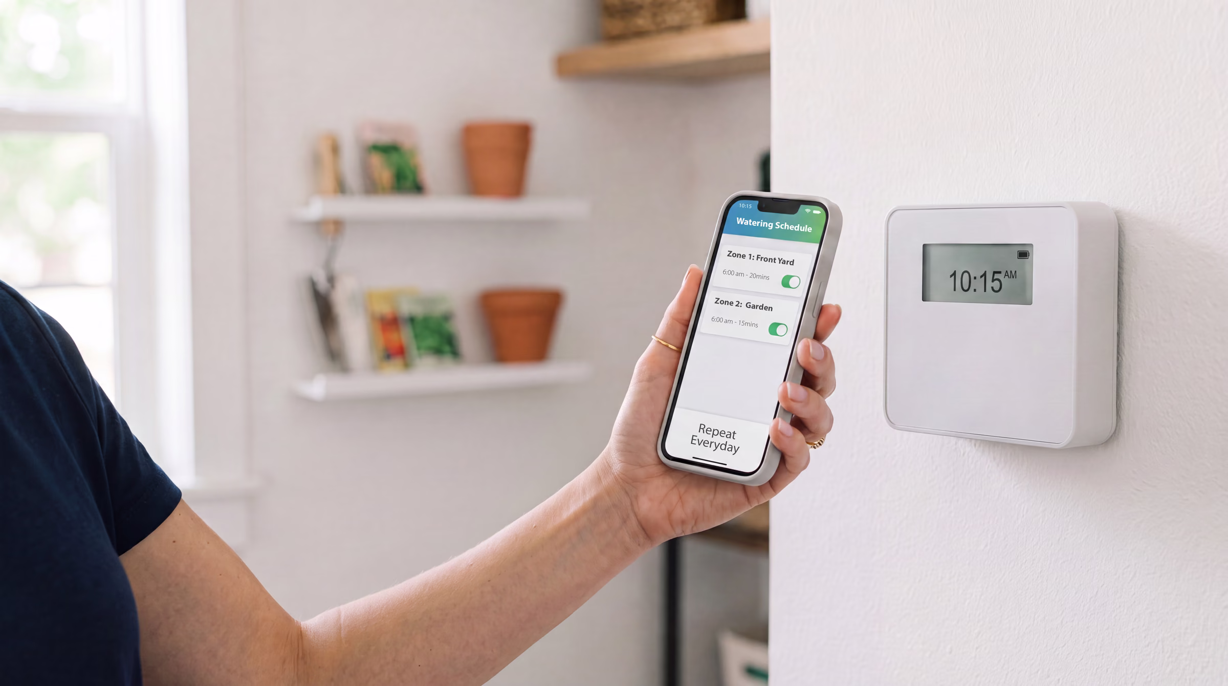 Smart irrigation controller mounted on a garage wall in a Southern California home, with watering zones managed from a phone app