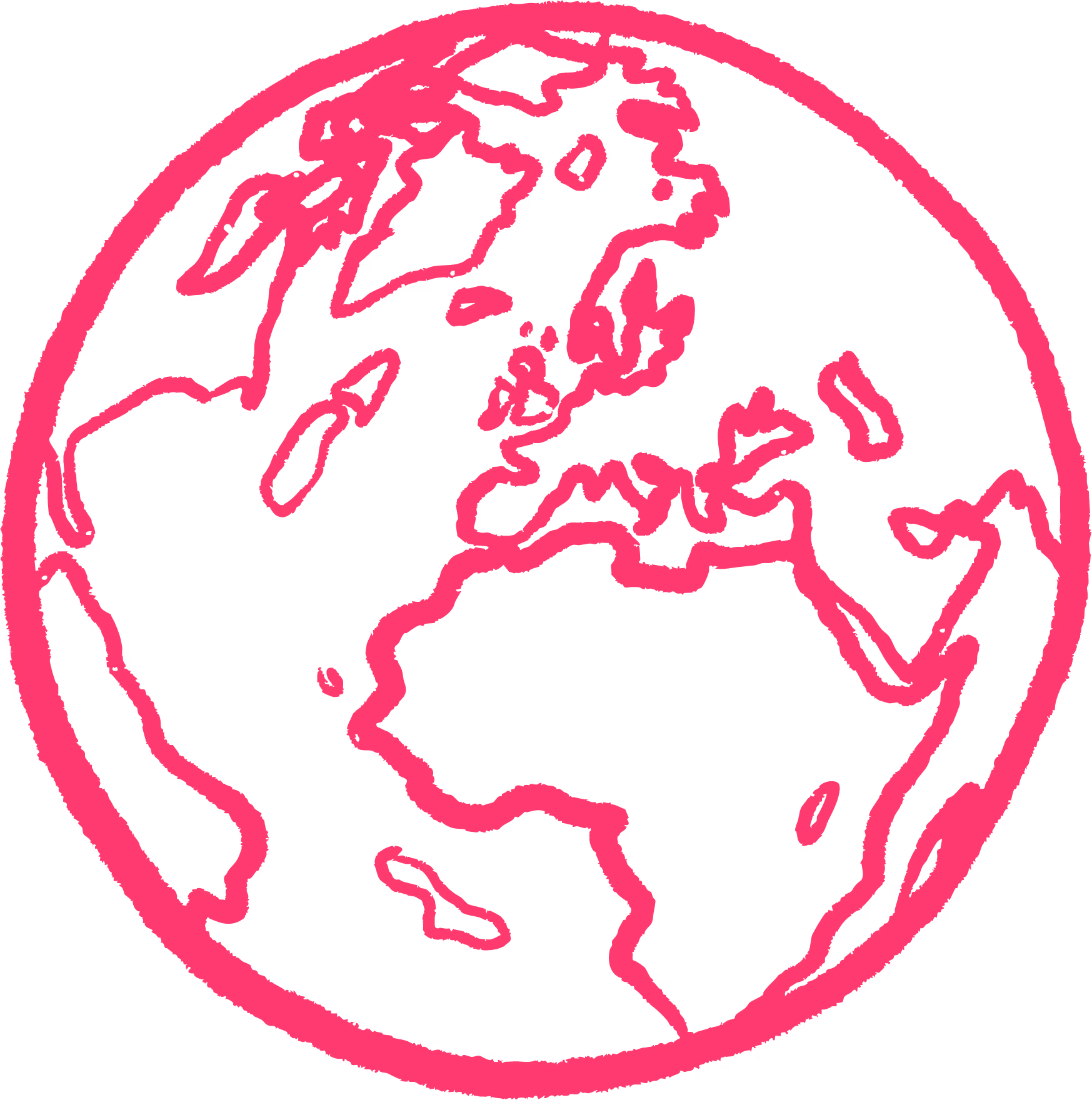 Simple magenta pen-stroke outline of a globe showing Europe, Africa, and parts of Asia and the Americas.