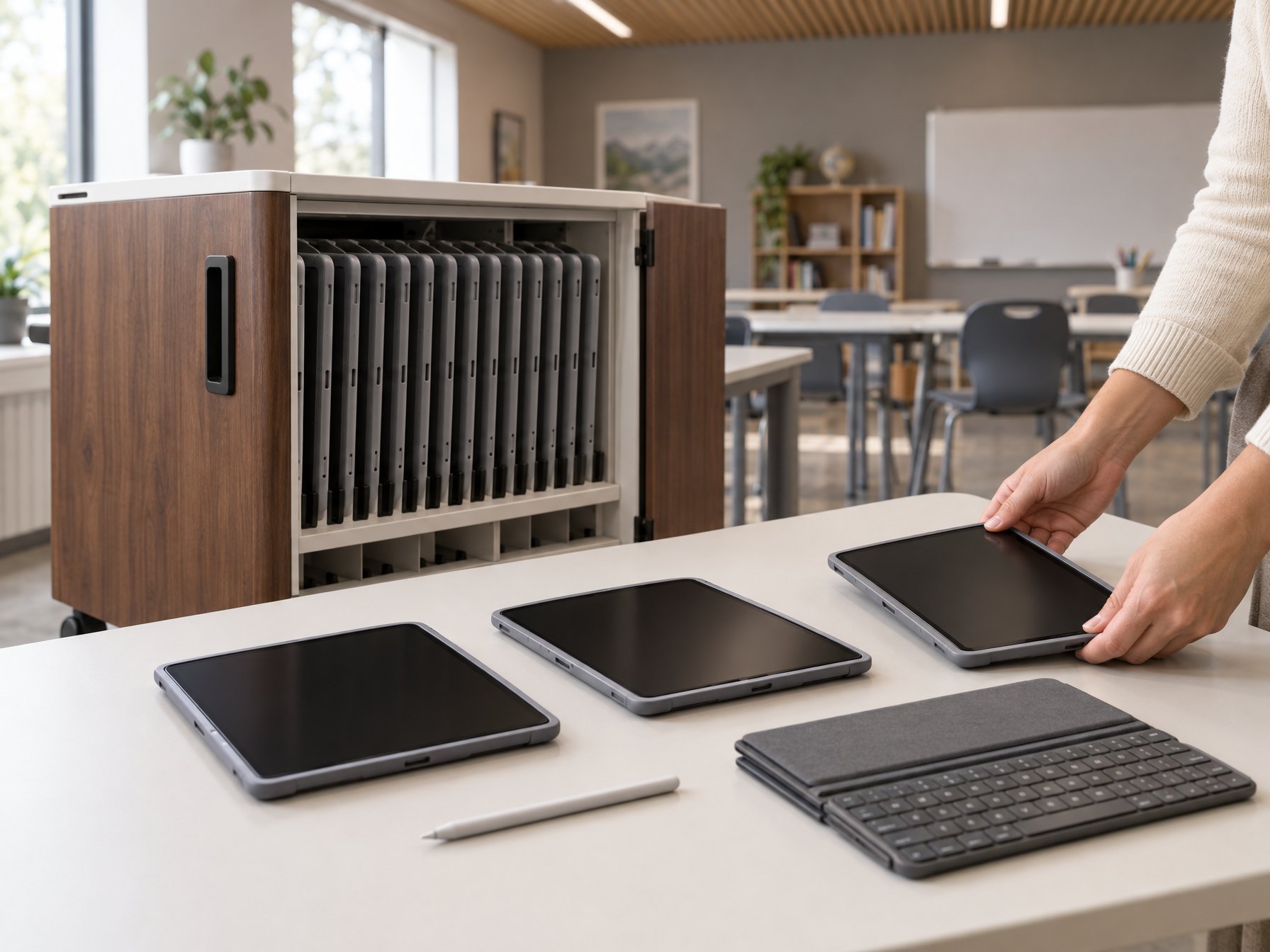 Tablets sobre una mesa junto a un carrito de carga en un salón