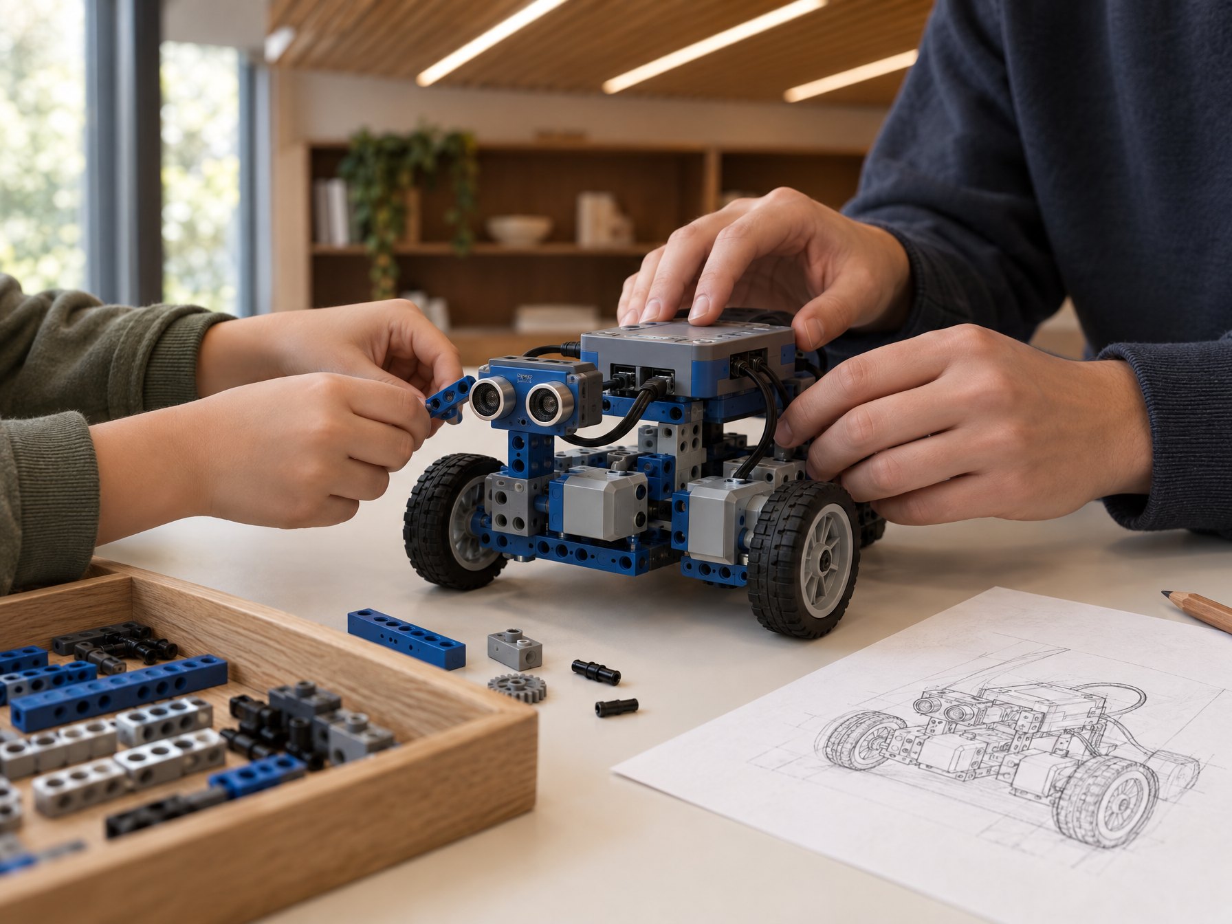 Manos de alumnos armando un robot en clase