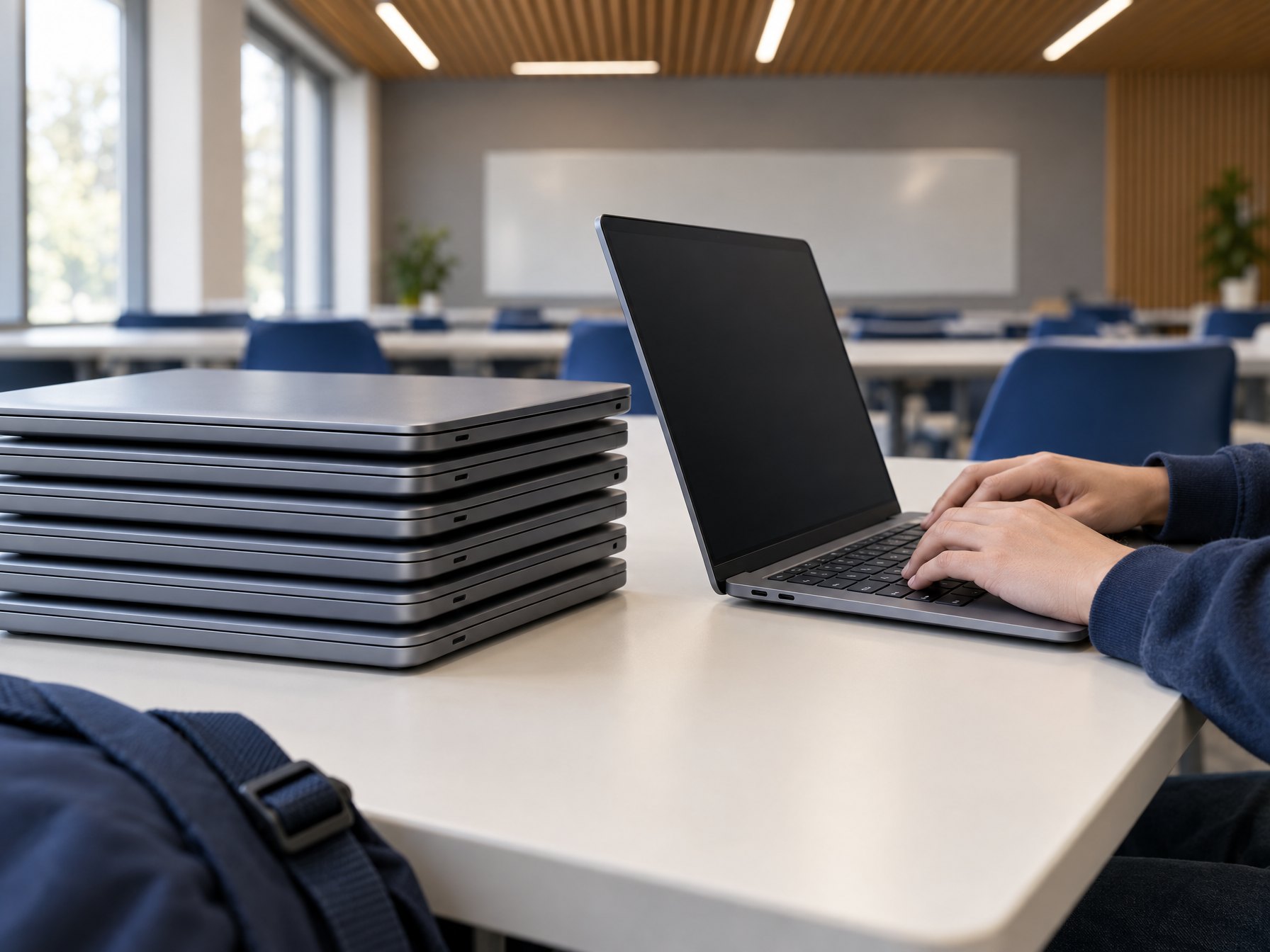 Pila de laptops y una abierta sobre una mesa del salón