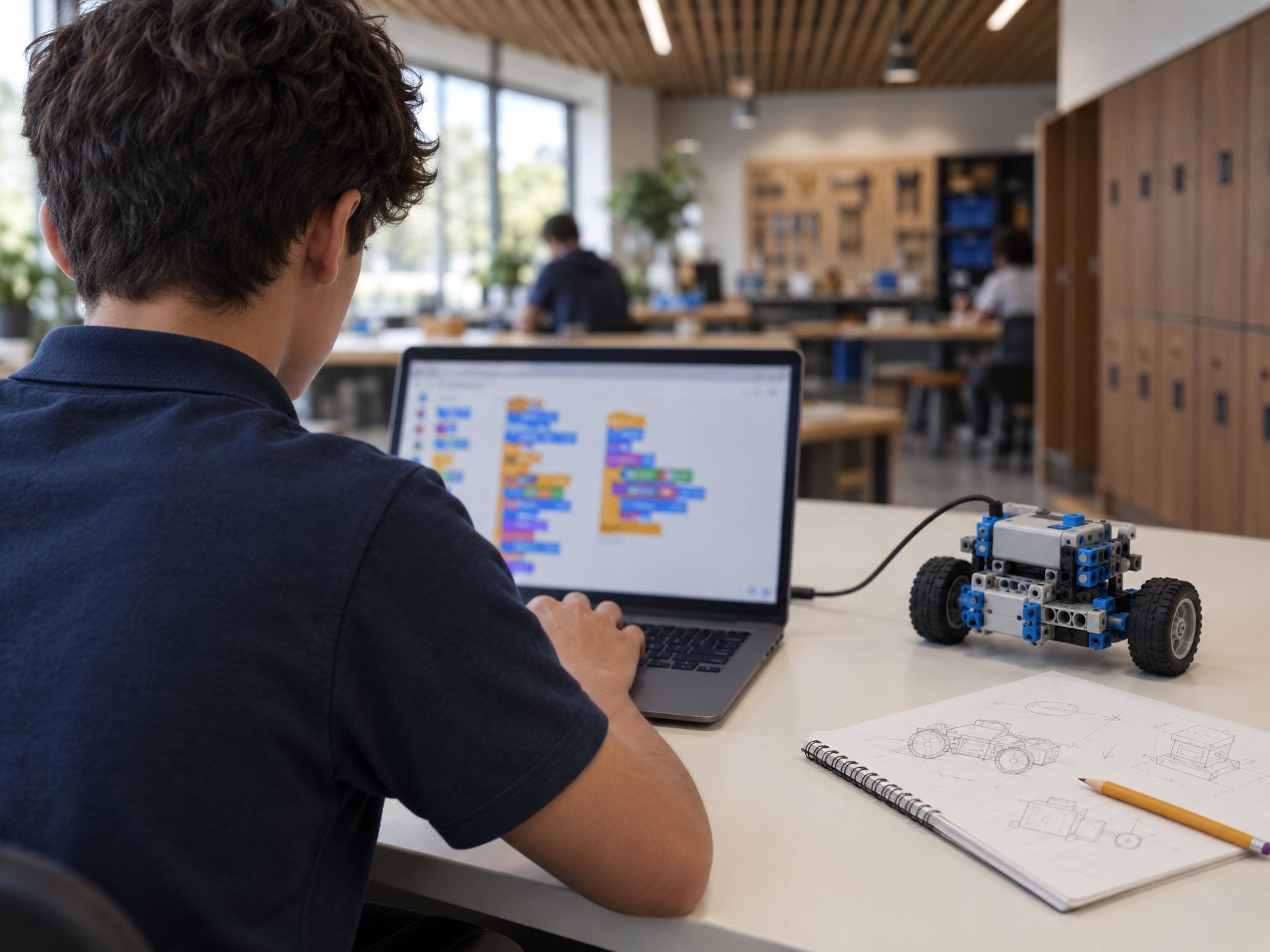Alumno programando con bloques en una laptop junto a su robot