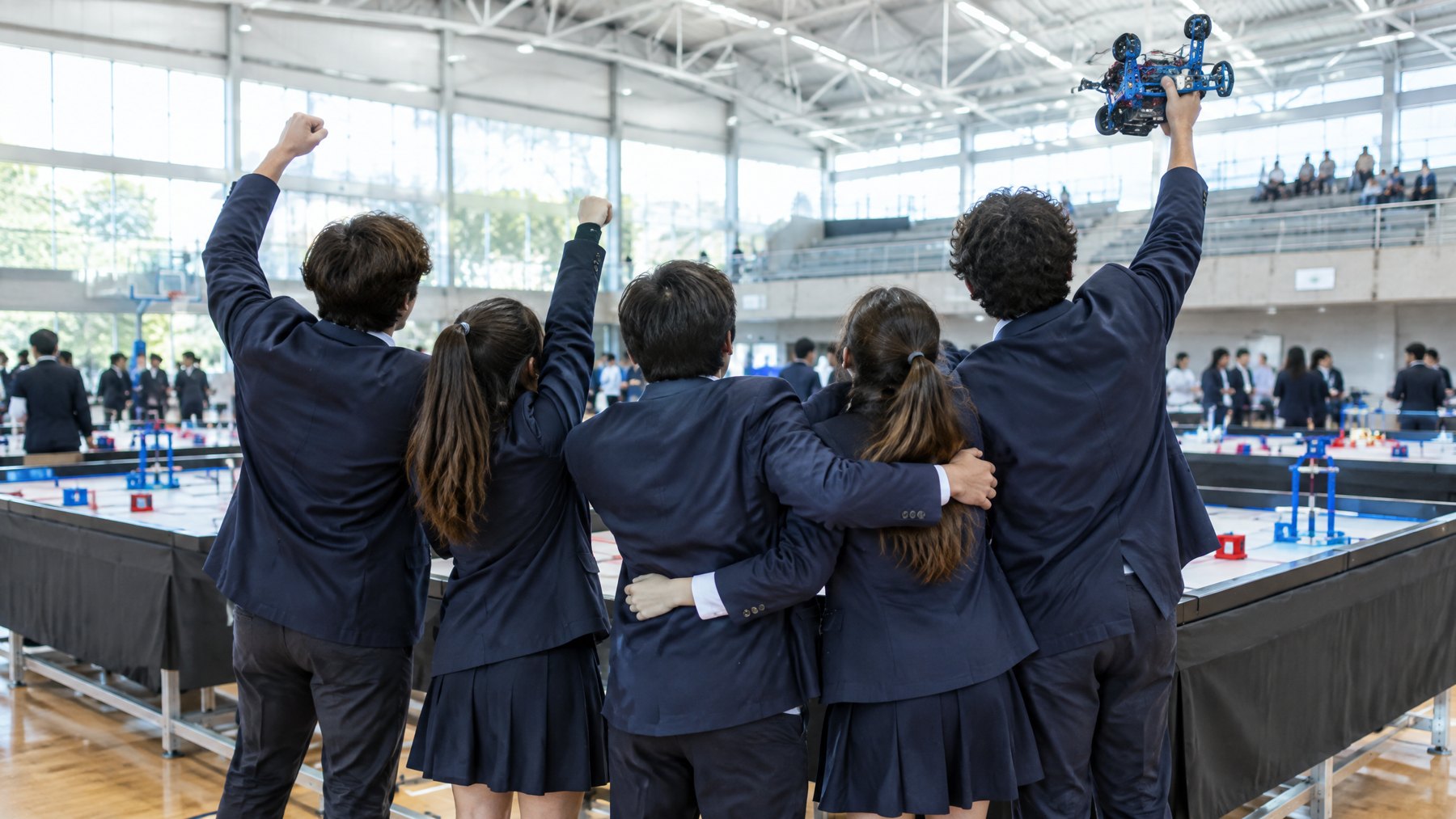 Alumnos de espaldas celebran con su robot en alto frente a las mesas de competencia