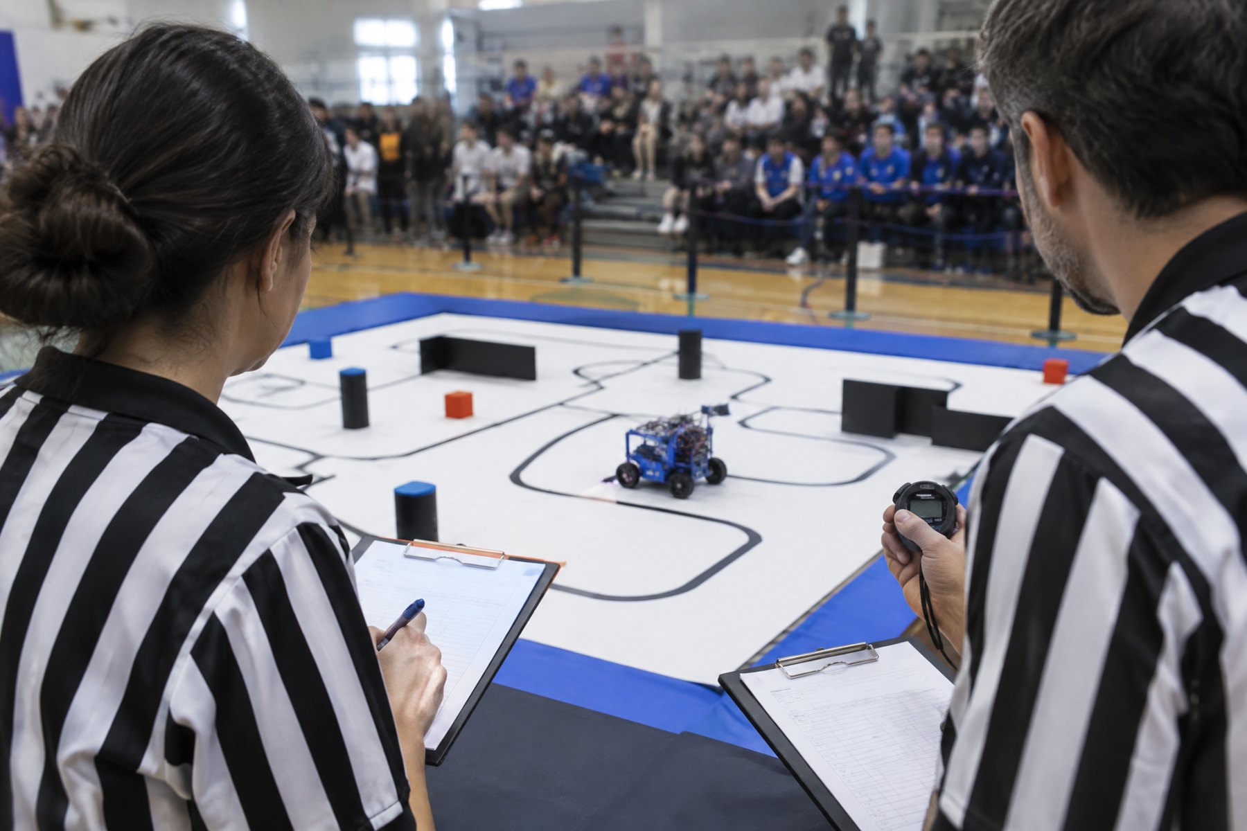 Jueces de espaldas observan un robot sobre el tapete de competencia