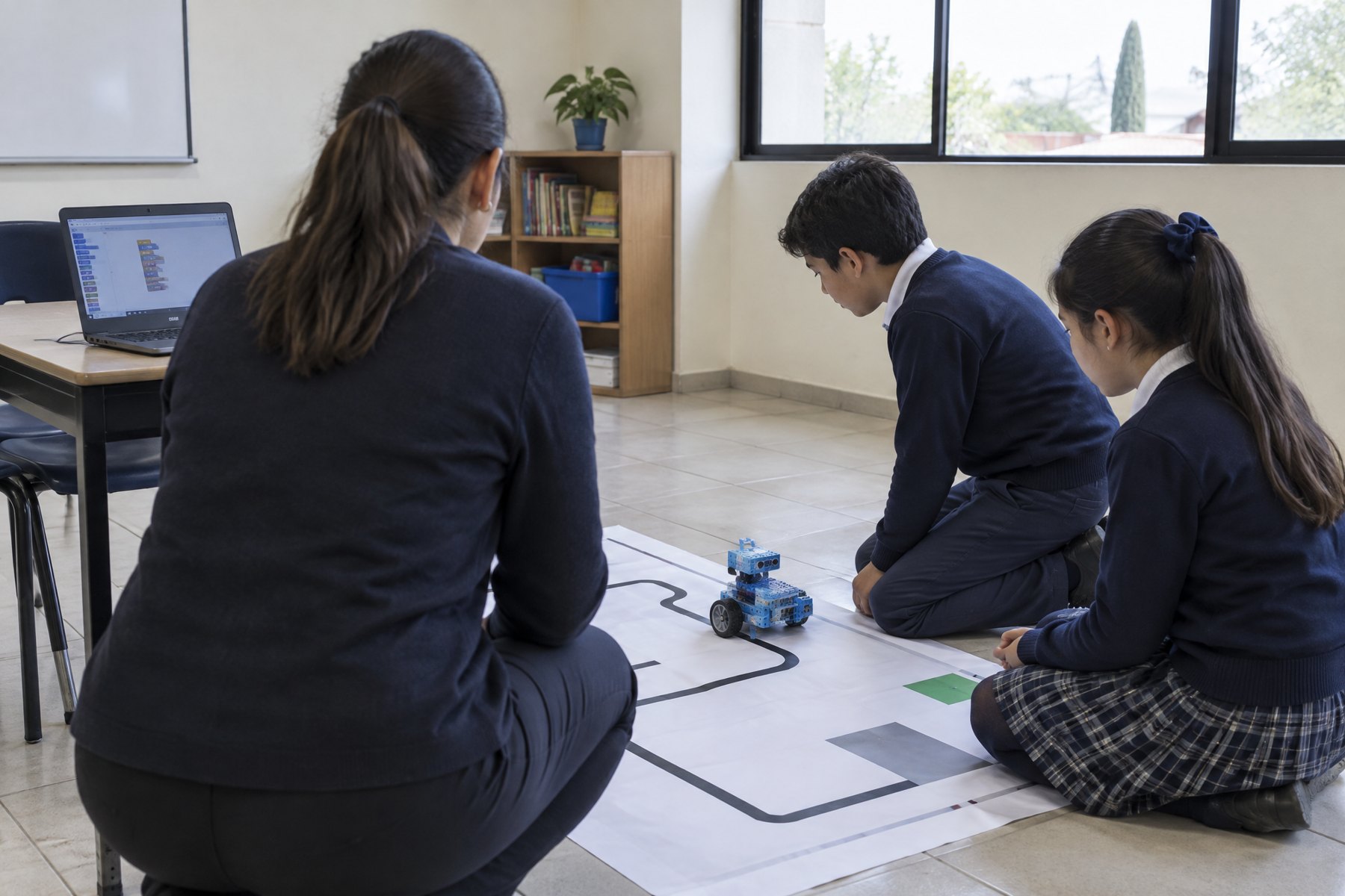 Una maestra y dos alumnos practican con su robot sobre un tapete en el salón