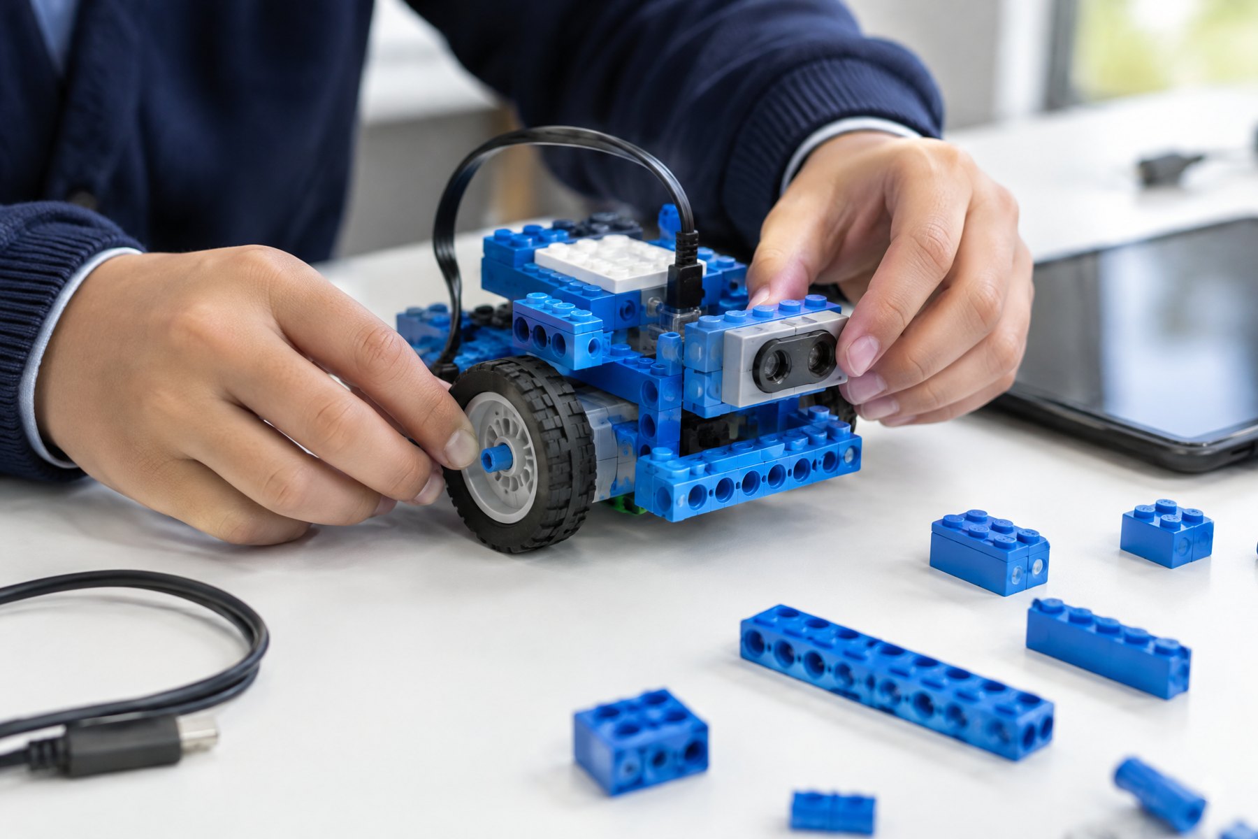 Manos de un alumno ajustan la rueda de un robot de bloques azules