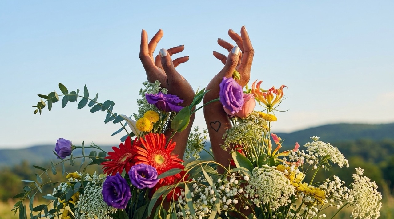 Deux mains qui se lèvent vers le ciel et sortent de fleurs qui représentent le vrai visage des individus et la libération. Illium l'application de l'amour pour les célibataires et les couples.