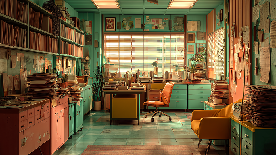 A mid-century office with piles and piles of paper creating disorder and chaos.