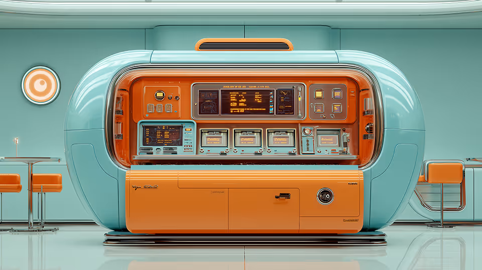 A mid-century futuristic control panel with many screens showing growth metrics and a positive outlook on the future.