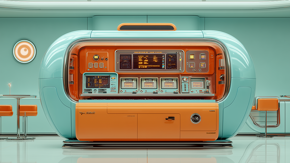 A mid-century futuristic control panel with many screens showing growth metrics and a positive outlook on the future.