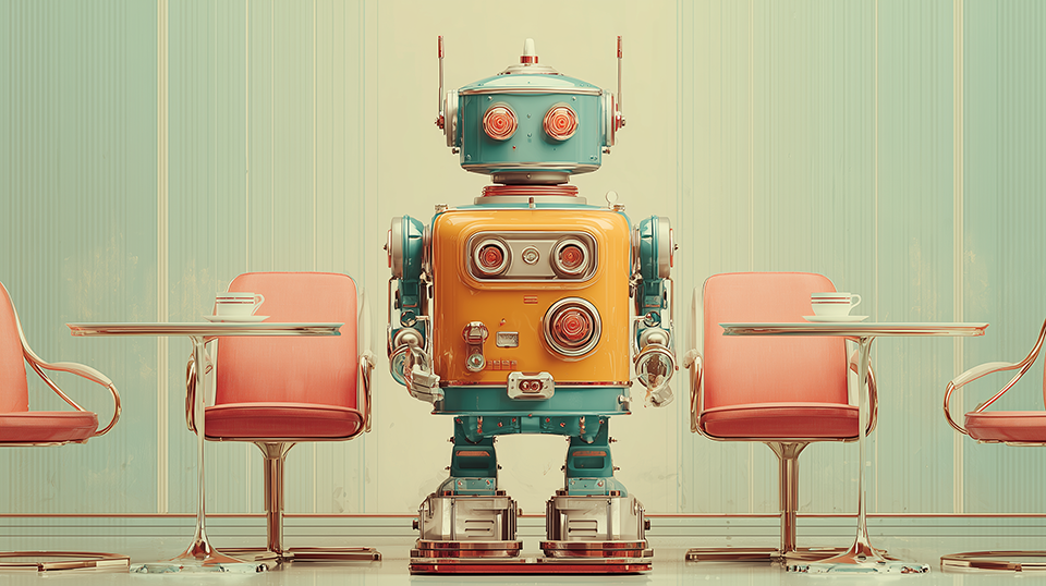A stylized robot customer standing between seats in a diner.