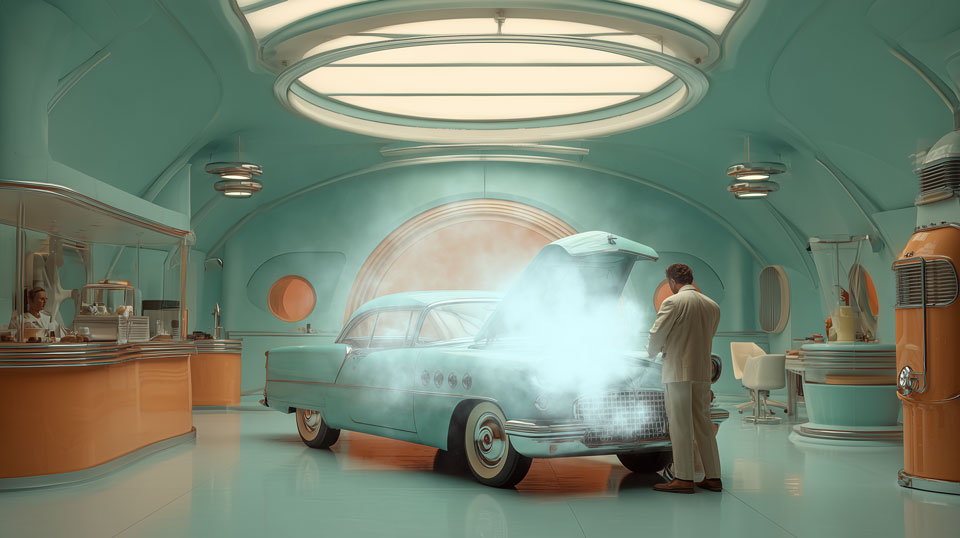 Business man looking under the hood of a classic car with a smoking engine.