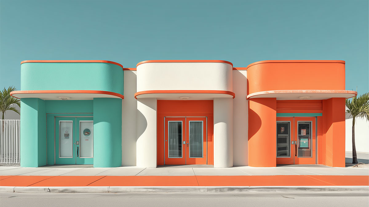 Three identical storefronts, side-by-side with a different paint color