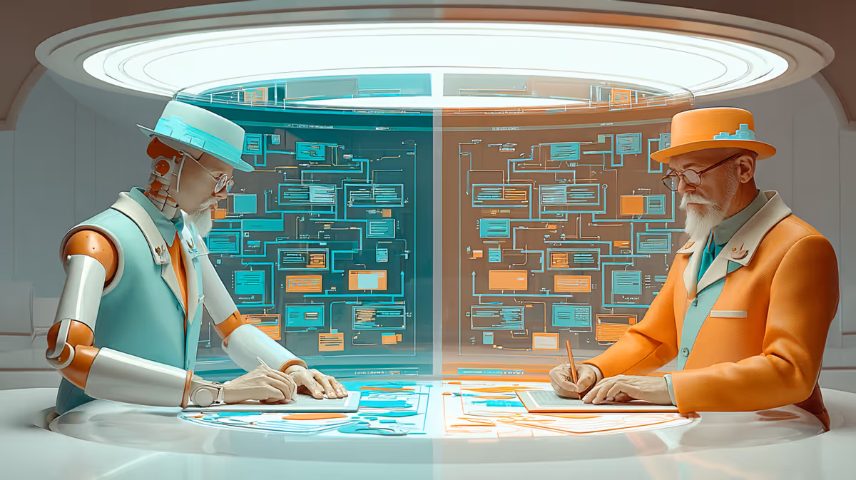 An AI bot and designer sitting at a desk designing a website