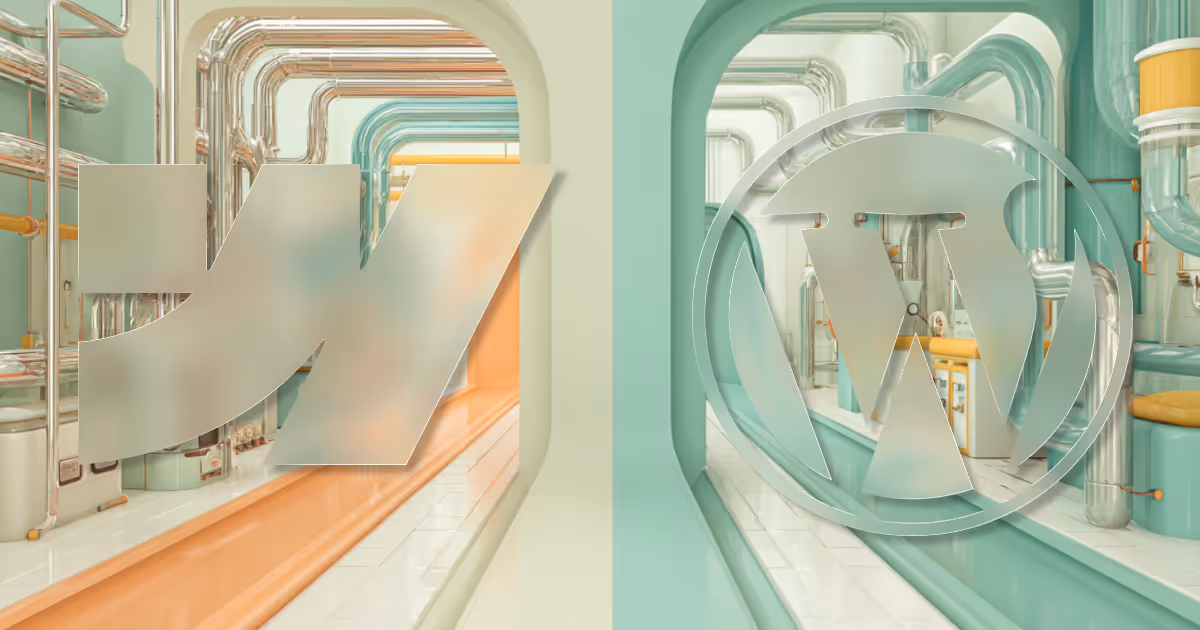 Webflow and Wordpress logos in glass in an orange and teal labratory