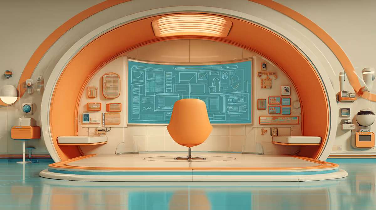 A chair sitting in the middle of an office facing a decision board.