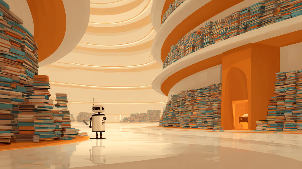 Little robot lost in a vast library.