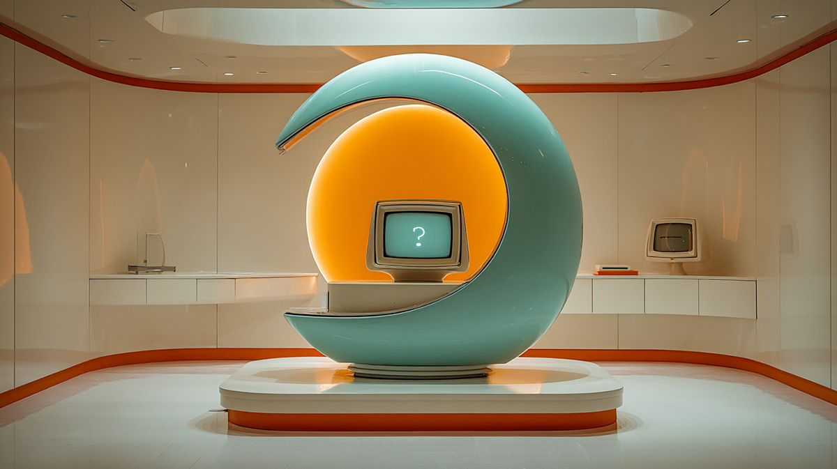 Mid-century modern computer monitor with a question mark.