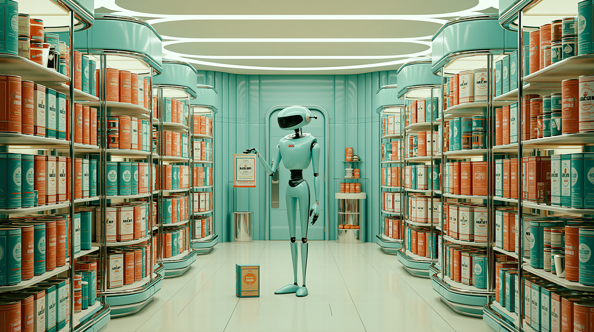 Robot in the middle of a store, confused over the repackaging of their favorite brand