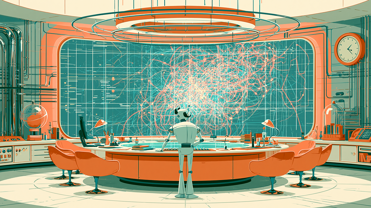 Bewildered robot data analyst staring at complicated data.
