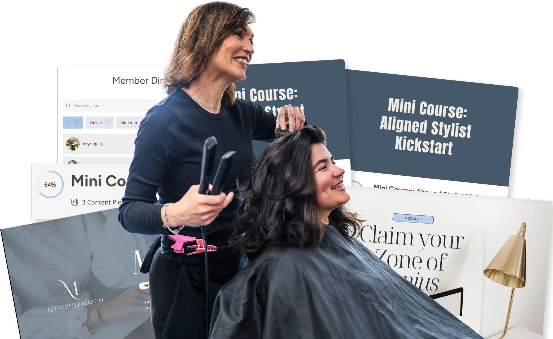 Smiling hairstylist using a flat iron on a client's hair, with Mini Course and My Stylist Match digital course screens in the background.