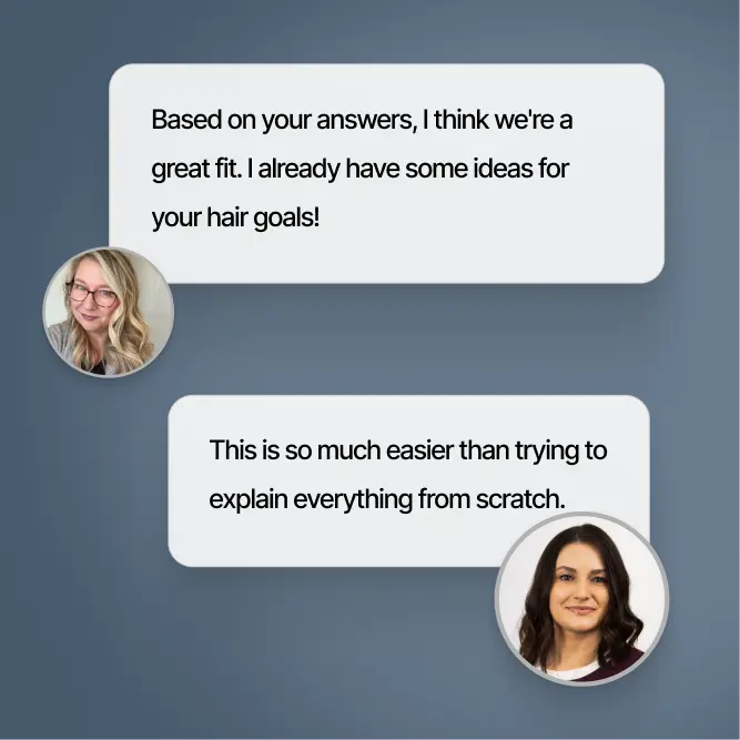 Chat conversation with one person saying, 'Hey! Looks like we're a perfect match. By the way - you're gorgeous!' and the other replying, 'Aww, thank you! We need to meet soon!' with photos of two women beside messages.