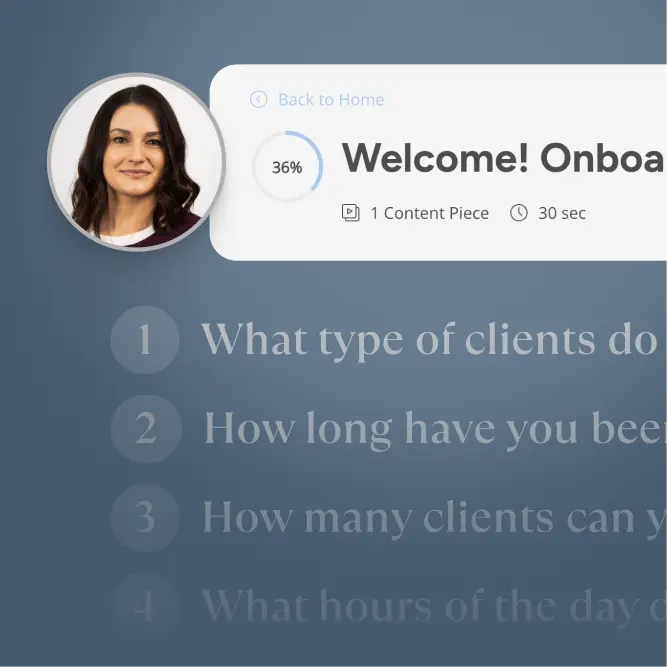 Onboarding screen showing a woman's portrait, a progress circle at 36%, and a list of questions about client types and experience.