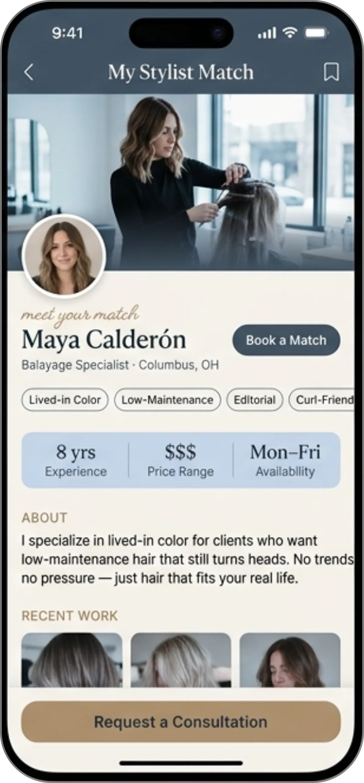 Mobile app profile of Maya Calderón, Balayage Specialist in Columbus, OH, showing 8 years experience, mid-range price, weekday availability, and recent hair coloring work.