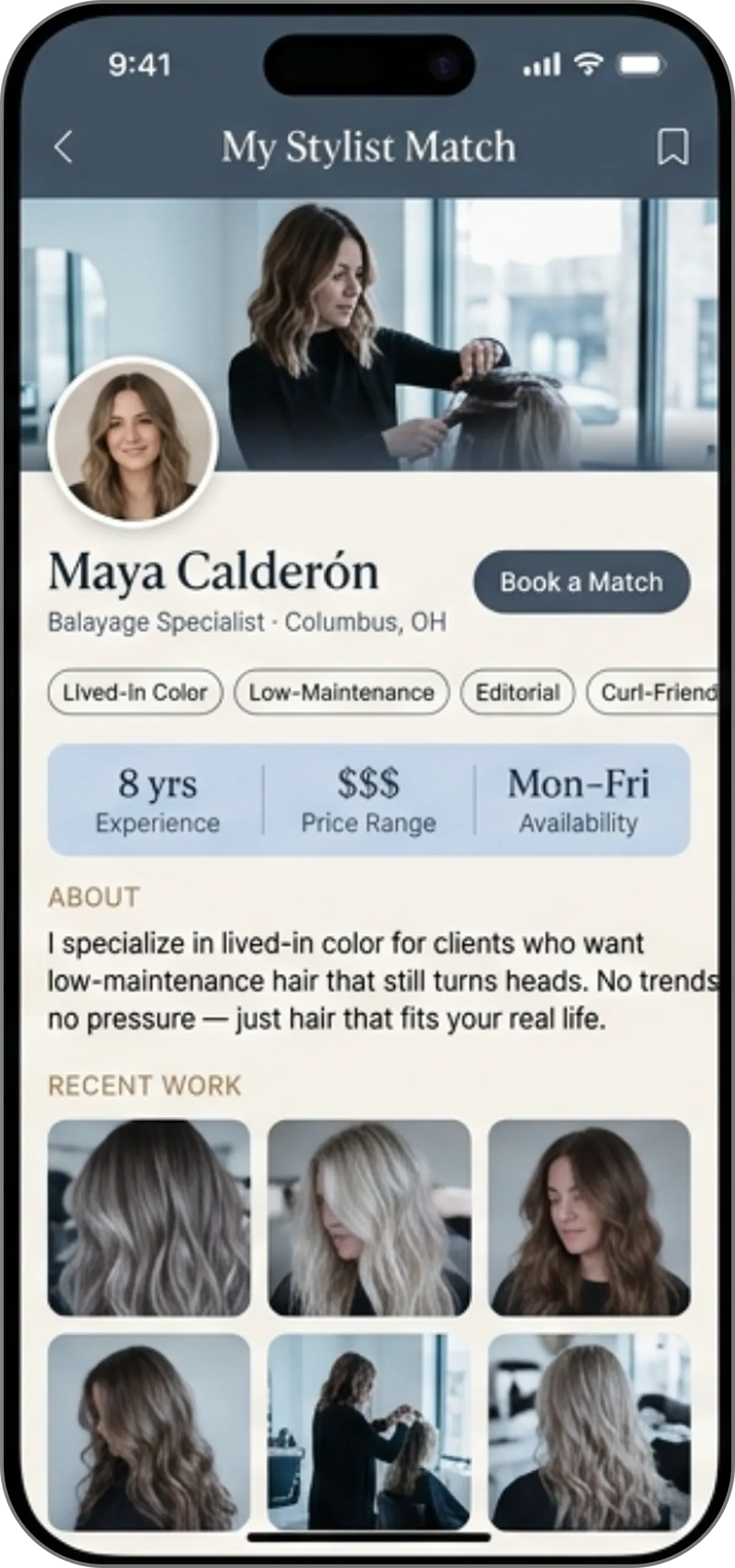Mobile app screen showing stylist Maya Calderón profile with experience, price range, availability, and recent hair makeover photos.