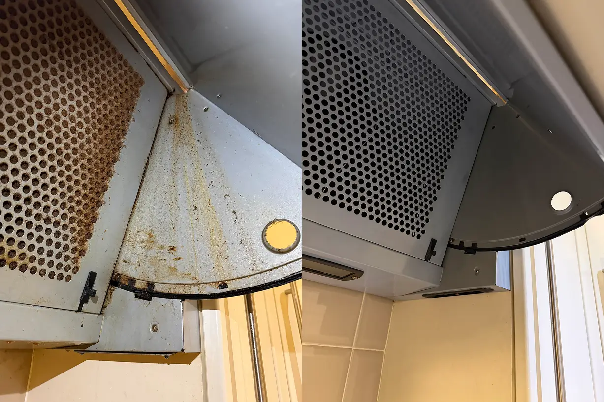 Before and after kitchen extractor fan grease cleaning in Galway
