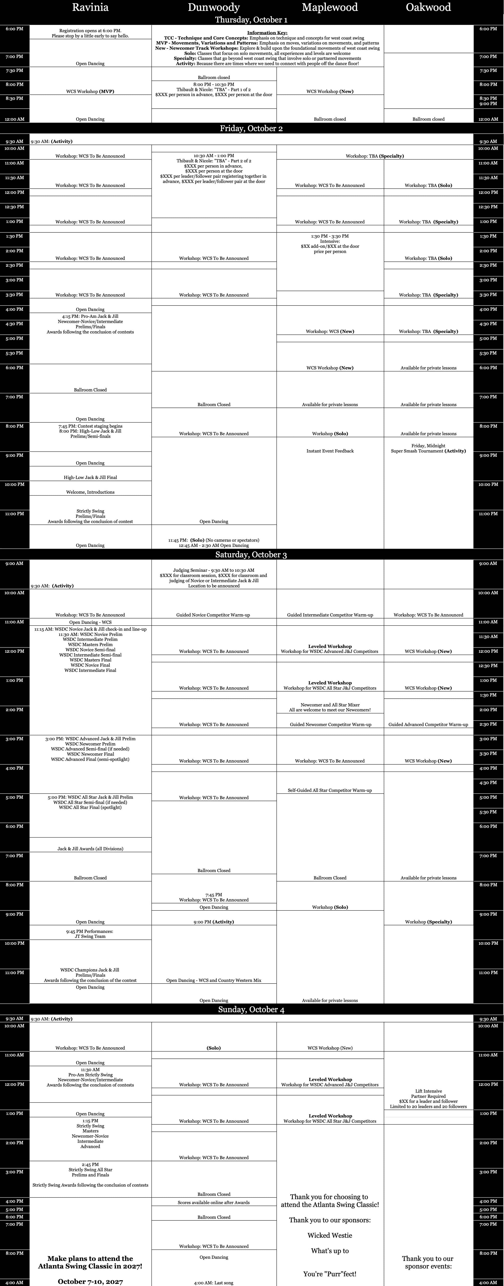 Event schedule listing workshops, intensives, and open dancing for the weekend