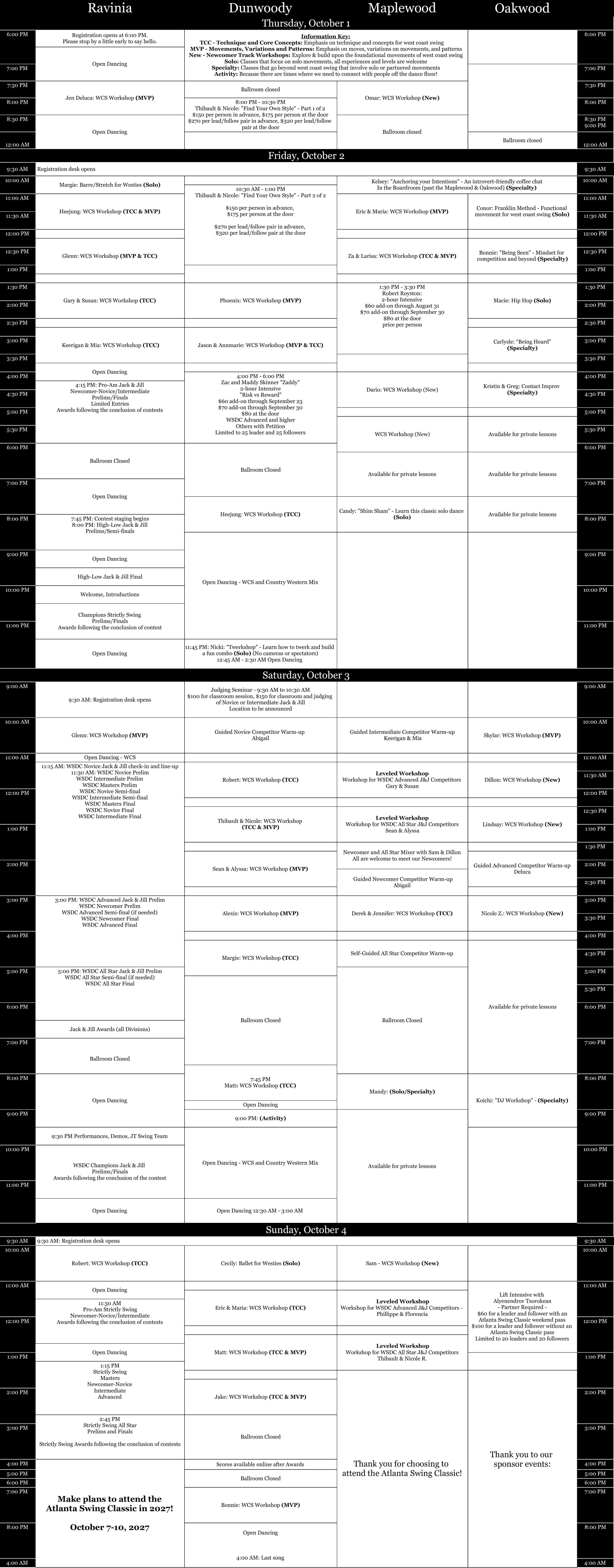 Event schedule listing workshops, intensives, and open dancing for the weekend