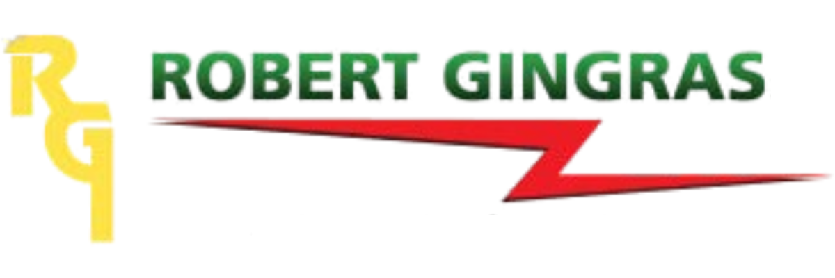 Logo for Robert Gingras, electrician entrepreneur since 1971, featuring green text, a red lightning bolt, and yellow initials RG.