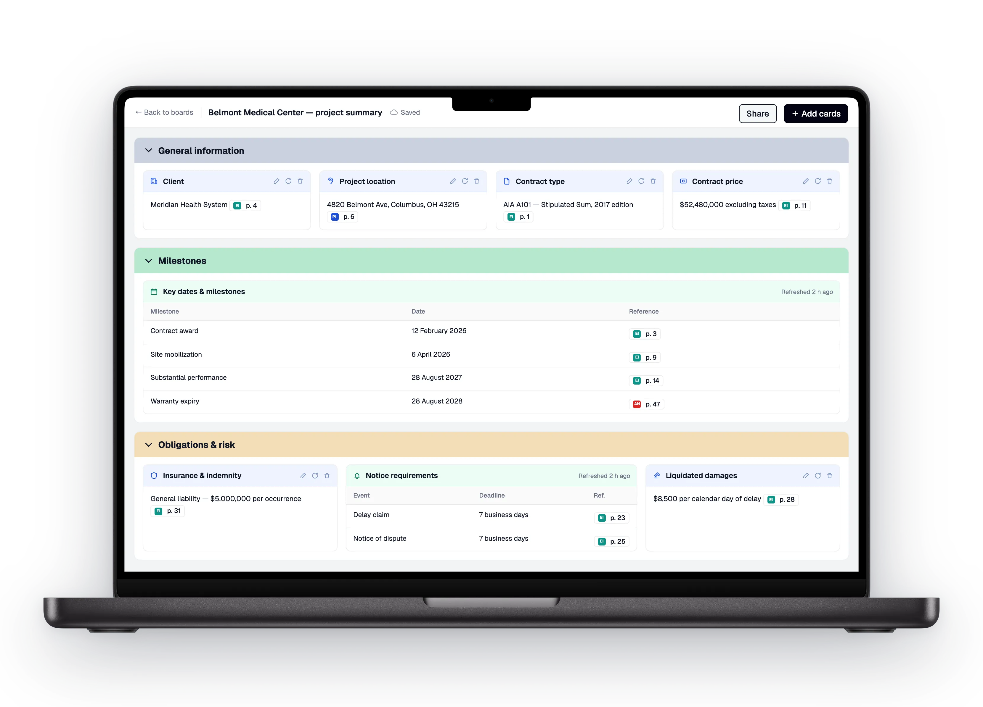 Telamont interface: overview of a project board