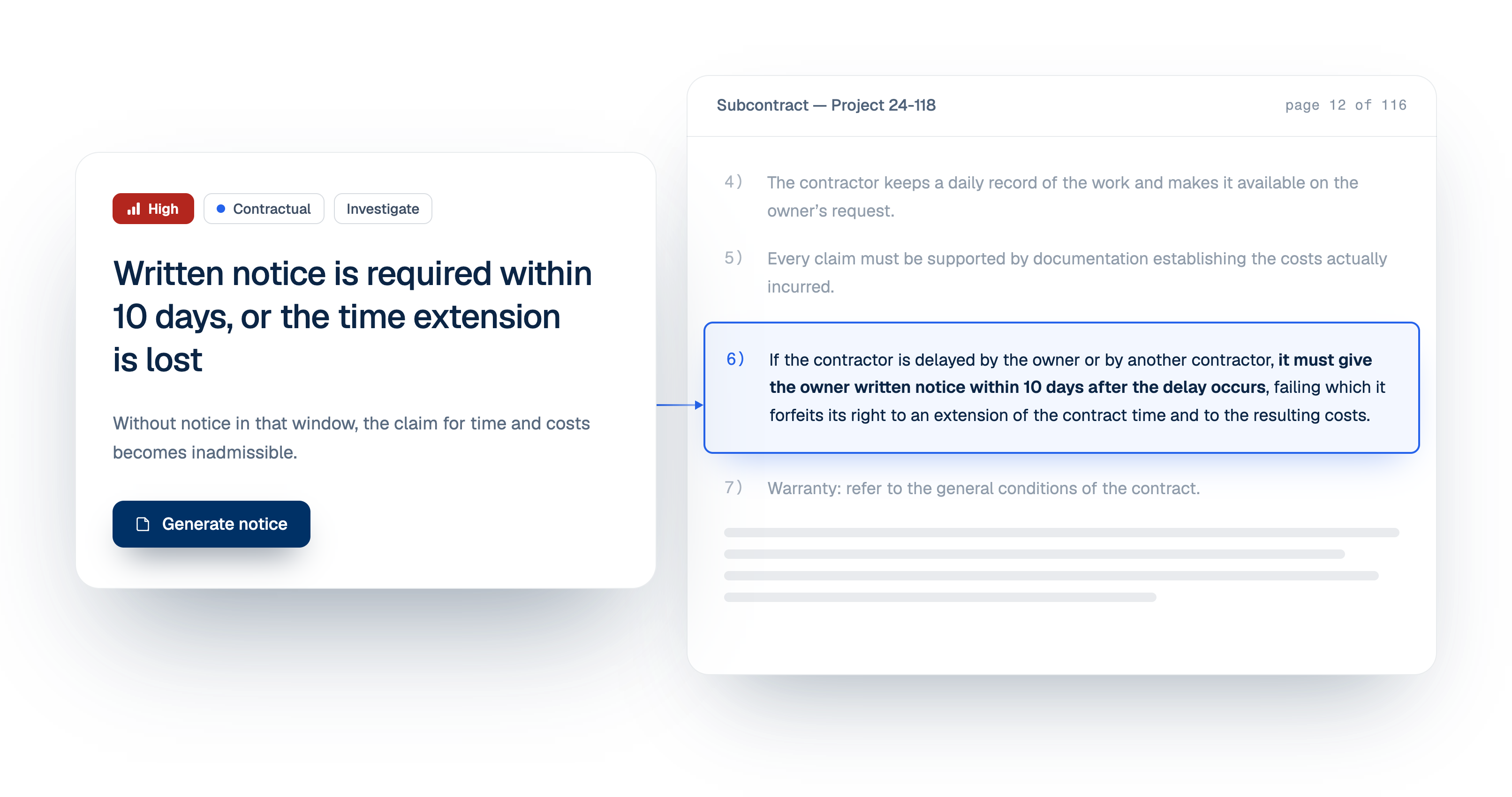 A triage risk and the contract clause that triggered it, on page 12 of 116