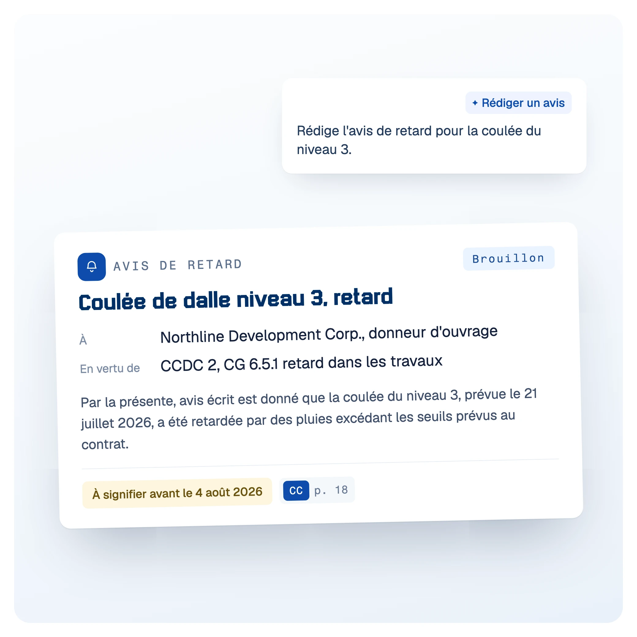 Interface Telamont : avis de retard rédigé à partir de la clause