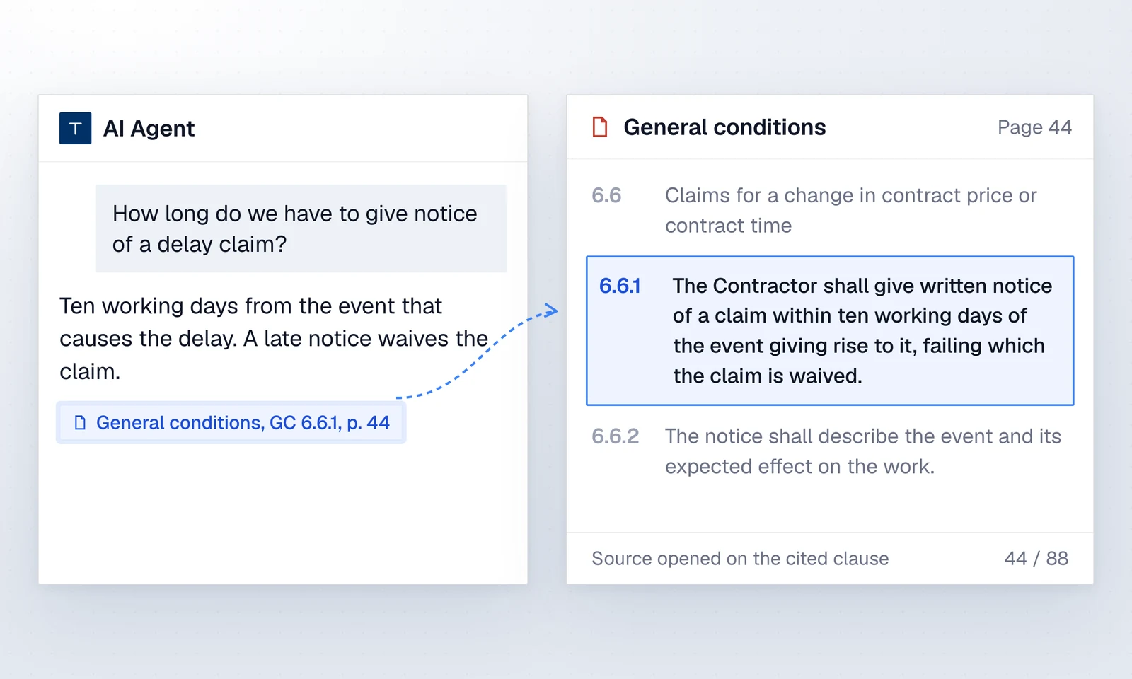 A Telamont answer with its citation, opened on the cited clause in the general conditions