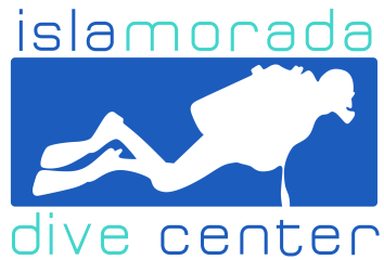 Logo of a scuba diver silhouette inside a blue rectangle with the text 'islamorada dive center' in blue and green letters.