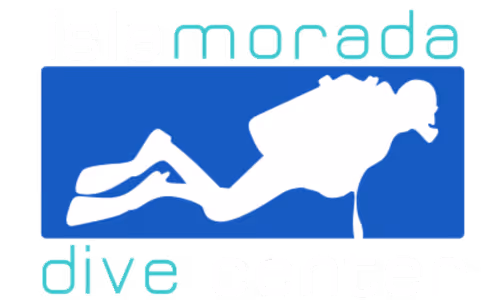 Logo featuring a white silhouette of a scuba diver inside a blue rectangle with the text 'isla morada dive center' above and below the rectangle.