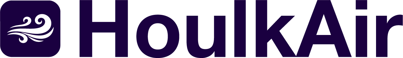 HoulkAir wordmark logo with stylized wind icon inside a rounded square.