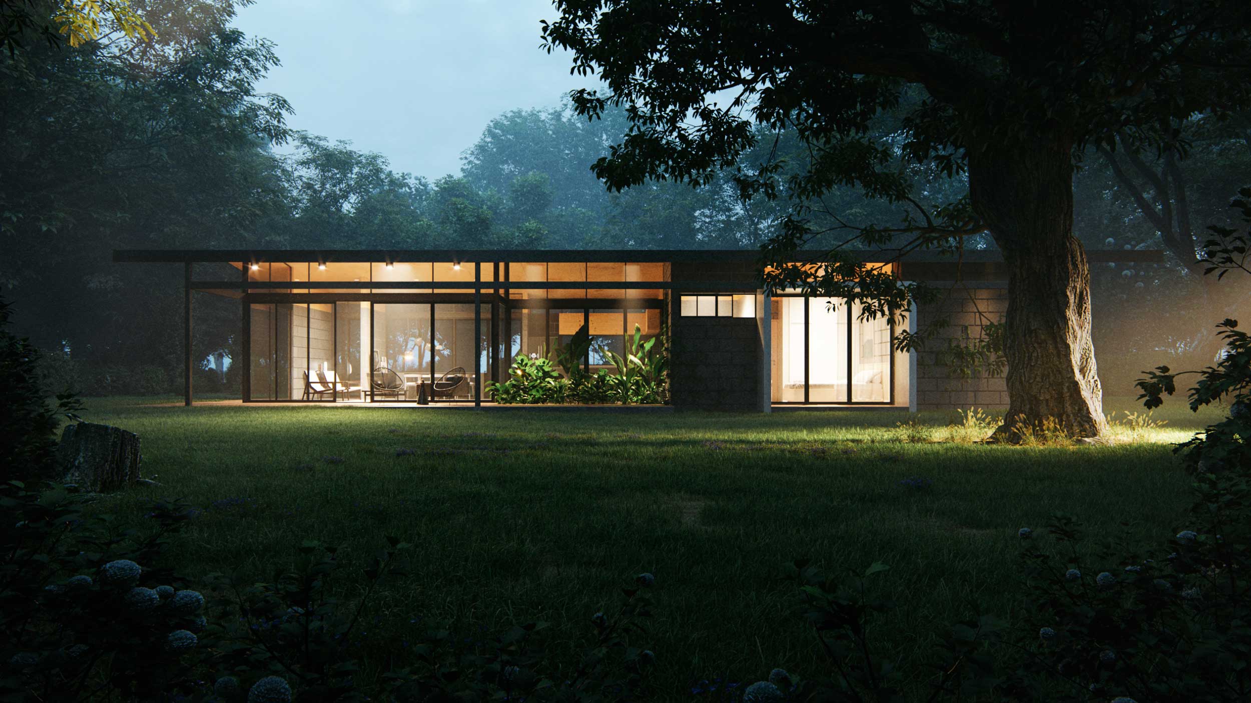 house with garden at night