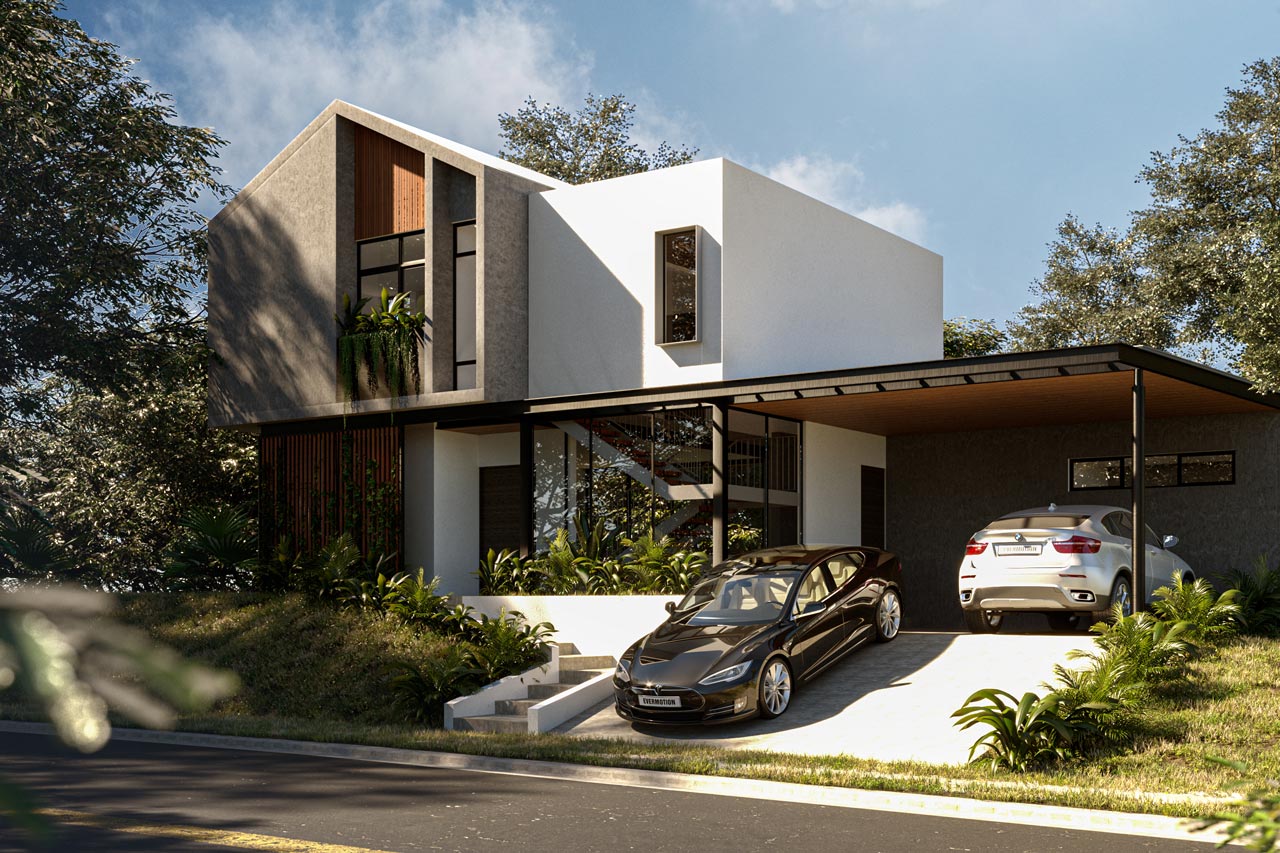 family house with car in front